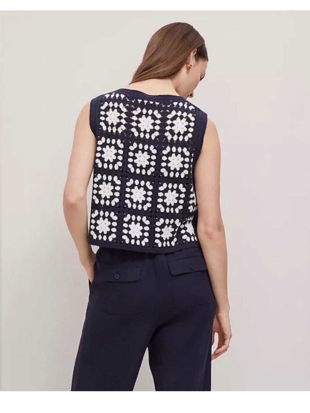 Ann Taylor Weekend Navy & White Granny Square Crochet
Geo Sweater Shell Vest - Picture 2 of 7